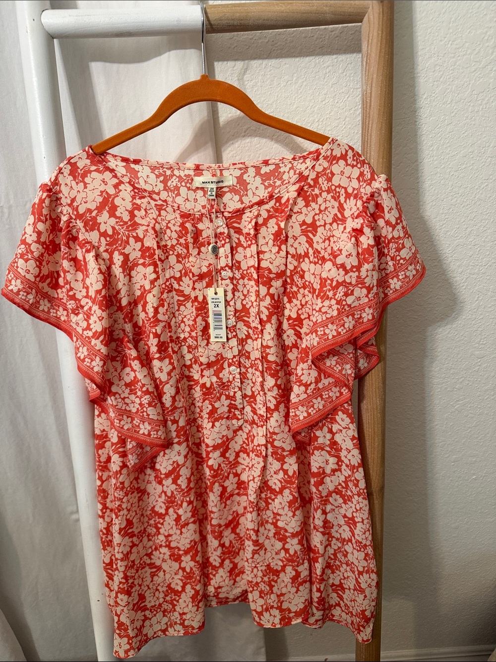 Max Studio Coral and White Floral Ruffle Blouse